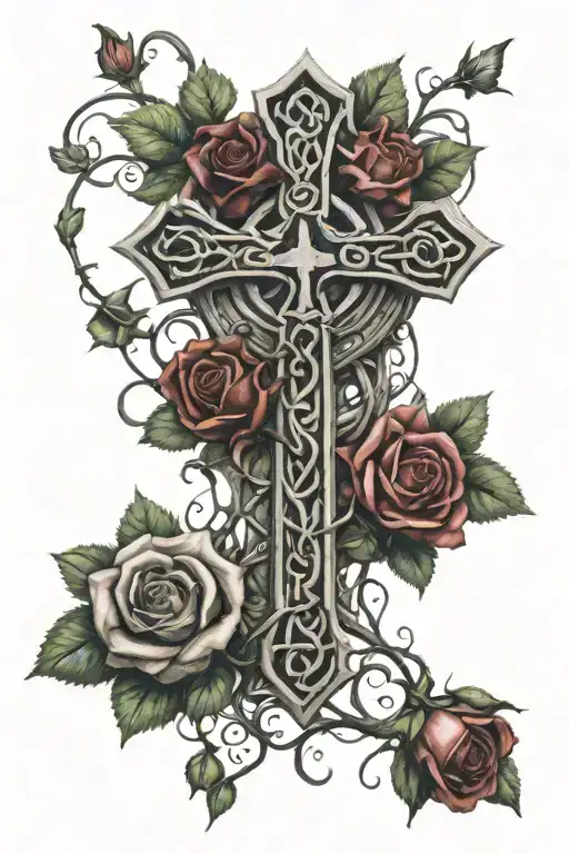Celtic Cross Surroundeed By Thorn Crown With Rose Vines Hanging Down