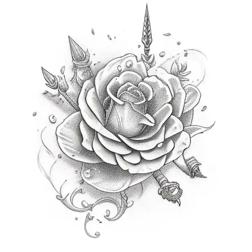 Long Sword Stuck In Garden Of Flowers