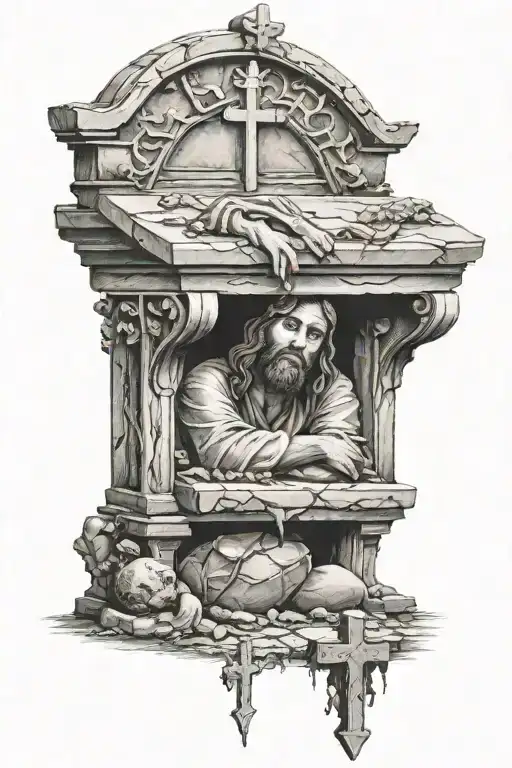 Jesus Tomb With 3 Crosses With Scared Hands