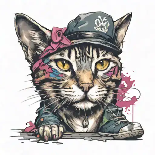 A Fashionable Cat Model Walking Down A Graffiti-covered Urban Street