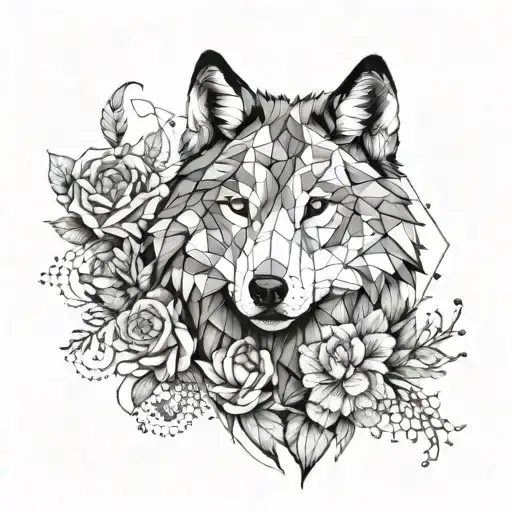 A Geometric Wolf Design Intertwined With Flowers To Symbolize Family And Protection