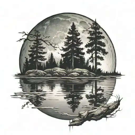 Full Moon With A Forest Growing Around The Top And A River Running Beneath It