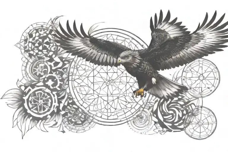 Hawk Flying Towards In Front Of Abstract Patterns Incorporating The Initials Elw And Mjw
