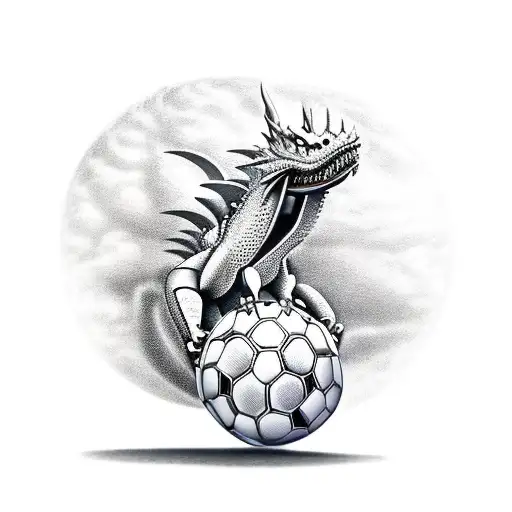 A Realistic Robotic Dragon Holding A Football On A Beach
