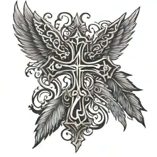 Tribal Cross With Black Wings Chest Tattoo Design Featuring