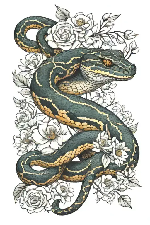 An Anatomically Accurate Python Intertwined With Watercolor Flowers