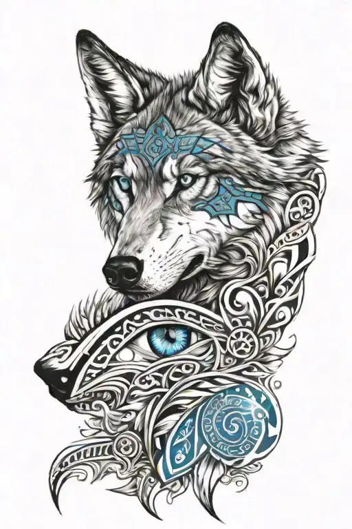 Wolf With Blue Eyes And Tribal Pattern Benath