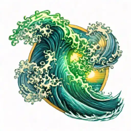 An Ocean Wave With Green And Blue Under A Radiant Sun In A Circle