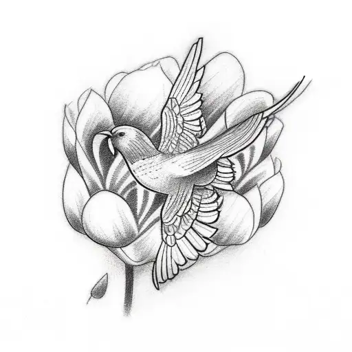 A Sketch-style Tattoo Of A Magical Bird Flying Over A Field Of Tulips