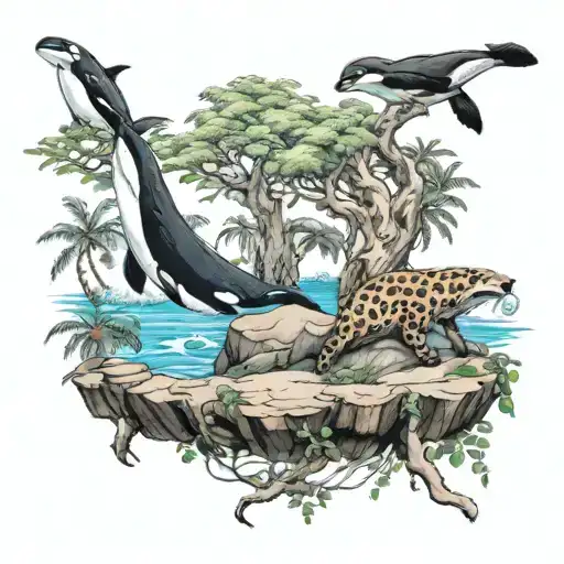 A Sloth In A Tree A Orca In Water And Cheetah Sitting On A Rock