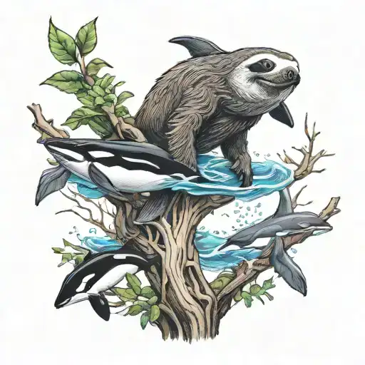 A Sloth In A Tree And A Orca In Water