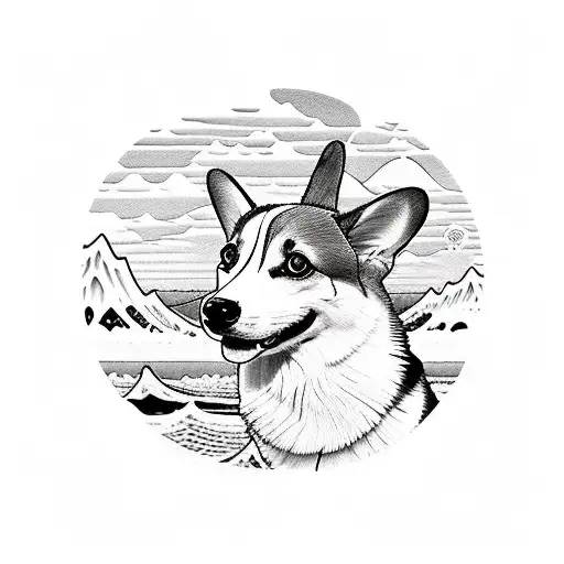 Pembroke Welsh Corgi With Mountain And Sea Japanese Elements