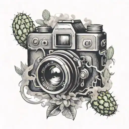 A Tattoo Design Of A Camera Surrounded By Smoke And Cactus As A Creative Element