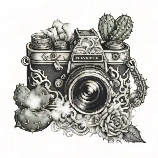 A Realistic Camera Surrounded By Swirling Smoke And Cactus Plants