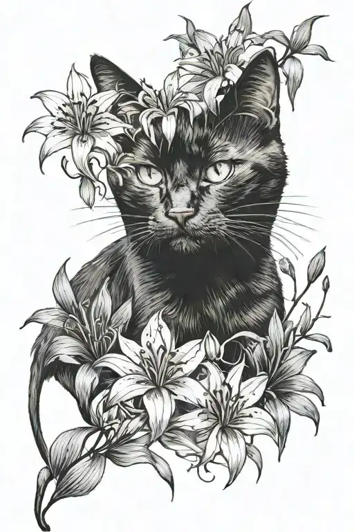 Black Cat Portrait And Spider Lily Flower Background
