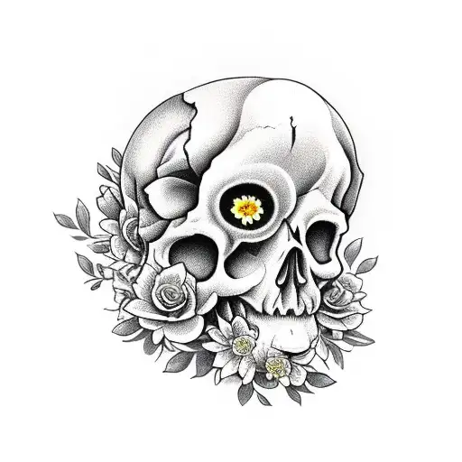 Cat Skull With Flowers Coming Out Of Its Interior