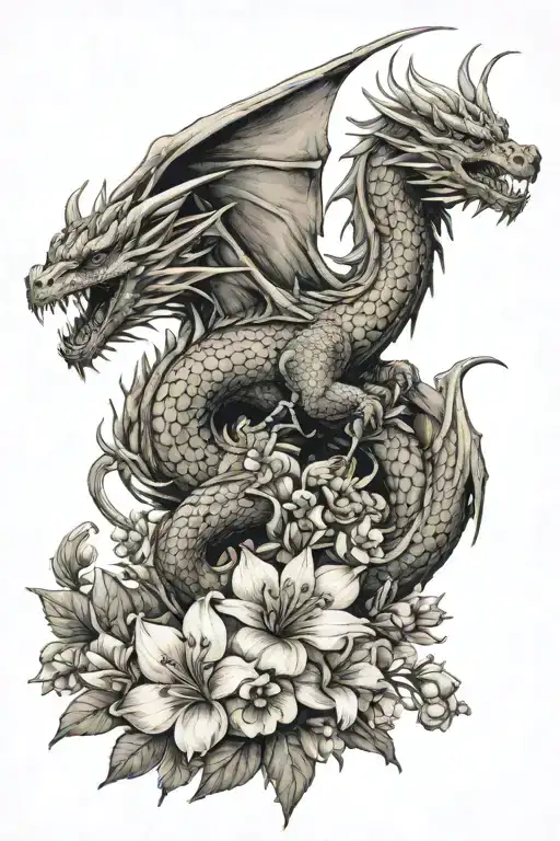 Dragon With Wings In Flight Surrounde By Flowers