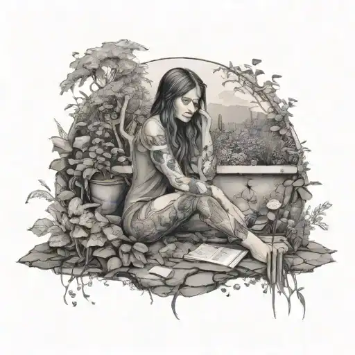 Hurt Female Sitting In A Peaceful Garden