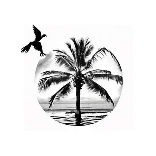 Palm Tree On An Island With A Young Lady Lay Down And Song Bird Flying Around
