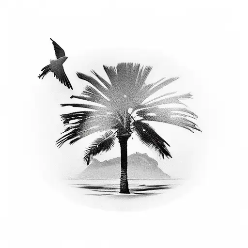 Palm Tree On An Island With A Young Lady Lay Down And Song Bird Flying Around