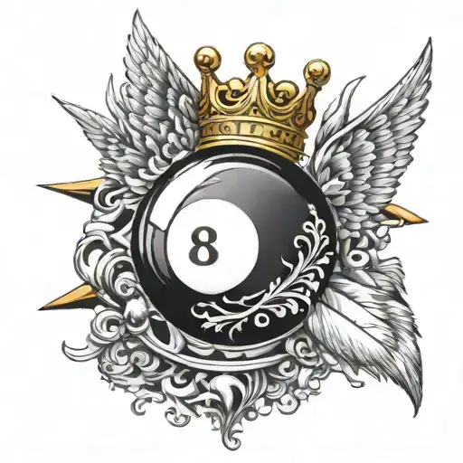 Detailed 8 Billiard Ball With A Gold Crown On Top And White Wings On The Back