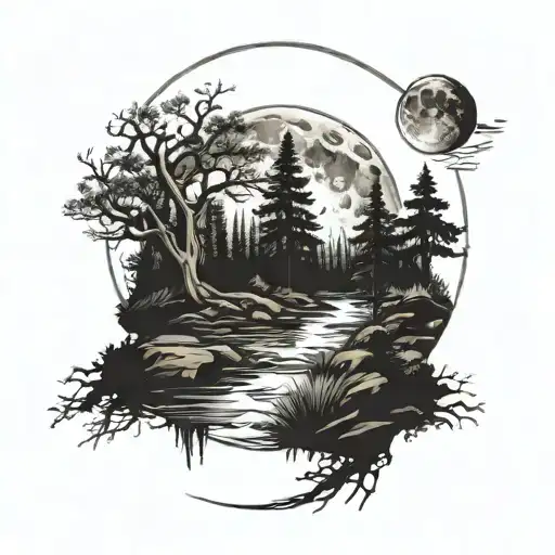 Moon With Trees Growing Around The Top And A River Running Beneath It
