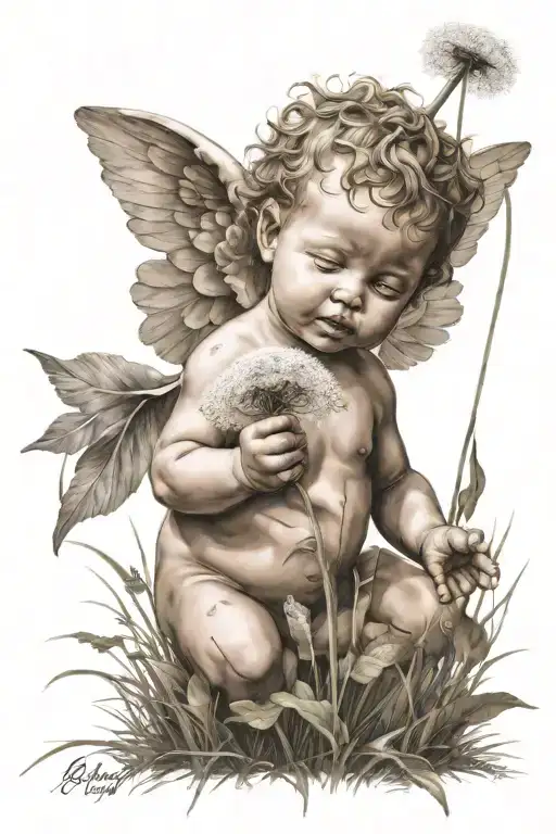 Cute Cherub Holding A Dandelion Wind Is Blowing The Flower In A Field
