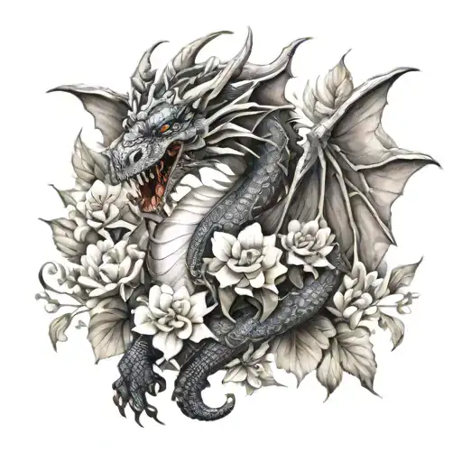 Dragon With Wings Spread Wide In Flowers