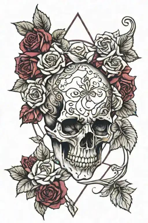 Skull Surrounded By Anatomical Stained Glass Heart With Burgundy Roses Intertwined