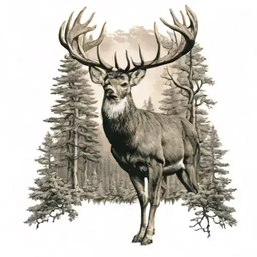 A Majestic Whitetail Deer Standing In A Forest With A Turkey Flying Overhead