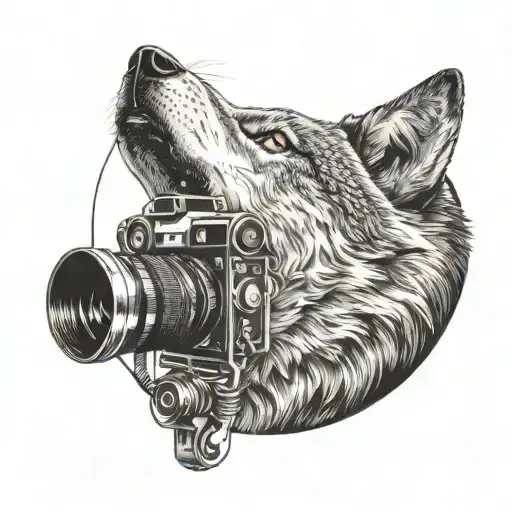 A Wolf Howling At The Moon With A Camera Hanging From Its Neck