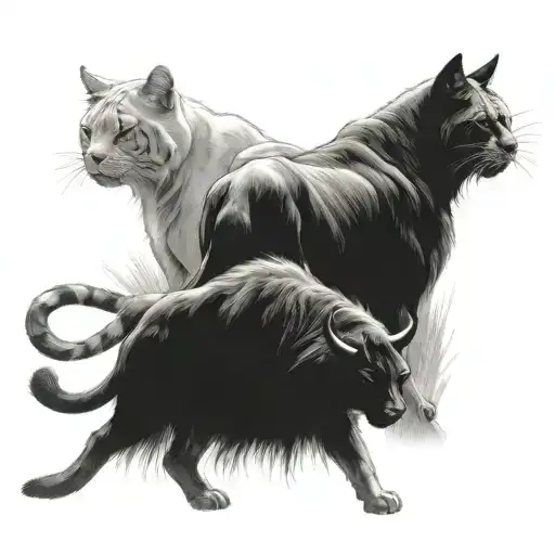 Stock Market Bull Vs Siberin Cat Sitting Together