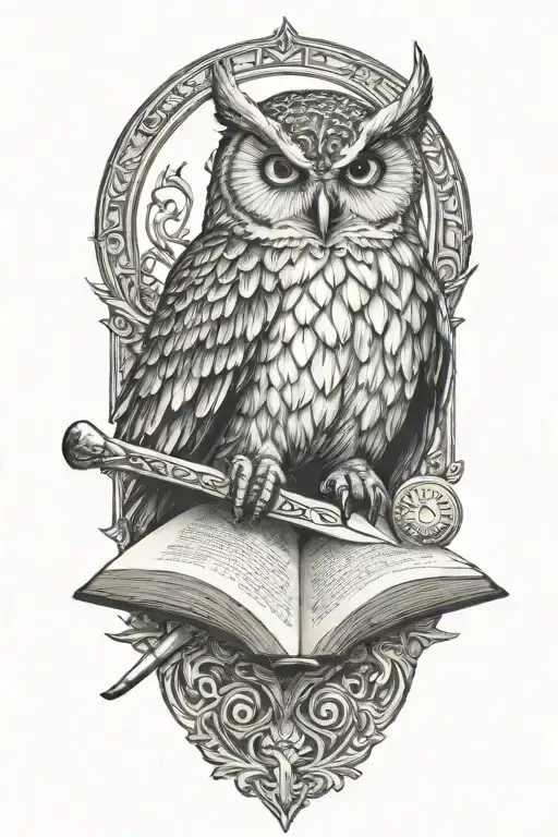 Viking Style Owl Reading And Open Book With A Butchers Knife Behind Tha Back