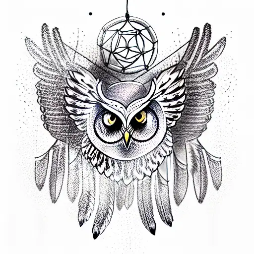 Owl With Wings Spread And Talons Showing With Dream Catcher Backgroundck