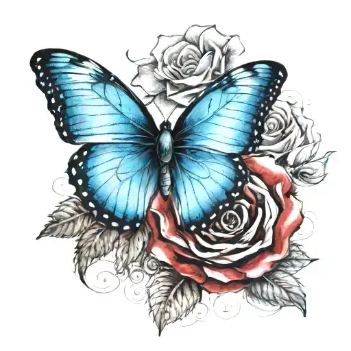Blue Butterfly On A Red And Black Colored Rose