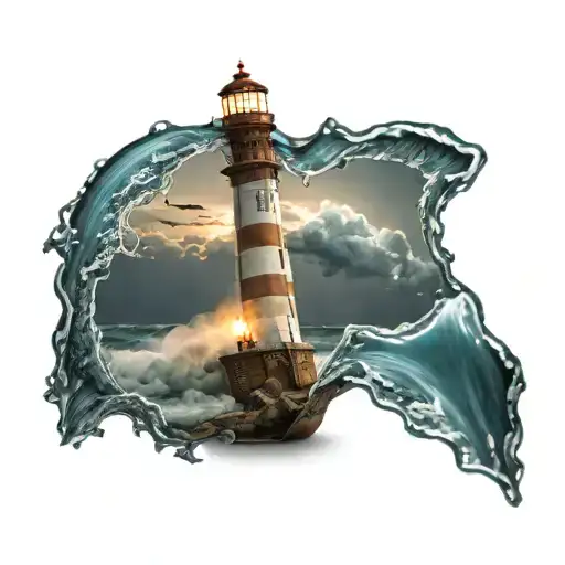 Lighthouse With Waves Crashing Against It And Lighting In The Background Inside The Bottle