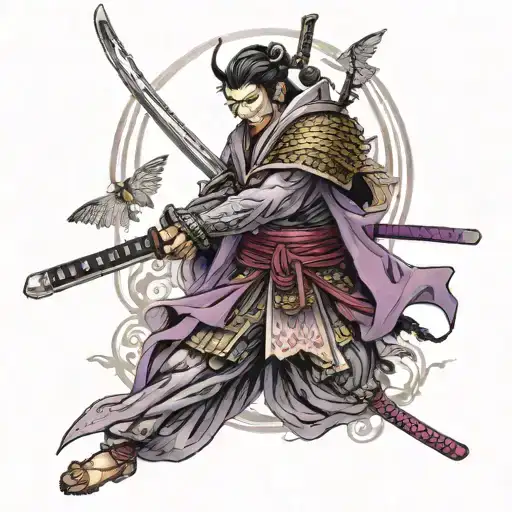 Samurai With Wings Spread Behind His Back And Holding A Katana And His Eyes Are Purple