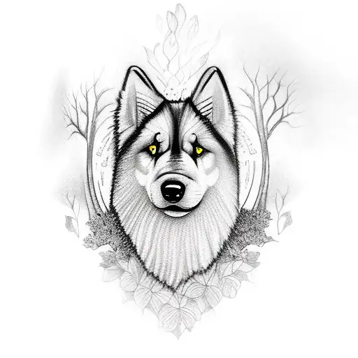 A Blackwork Tattoo Of A Samoyed Dog Surrounded By A Serene Forest Landscape