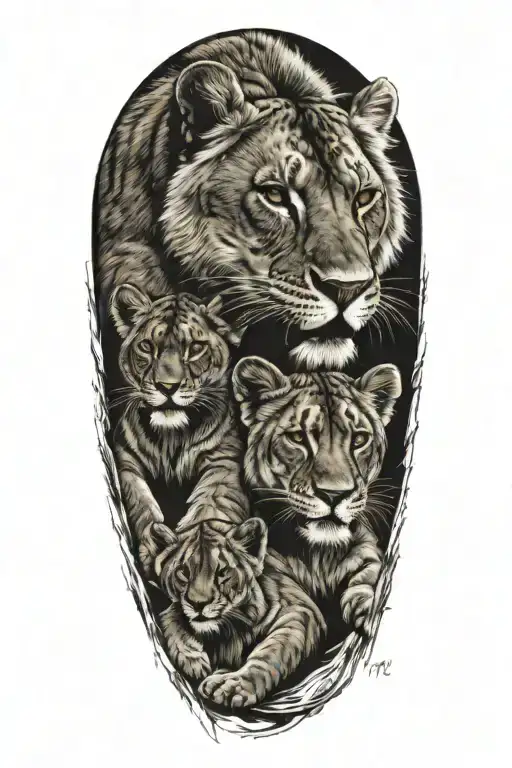 Lioness And 7 Cubs