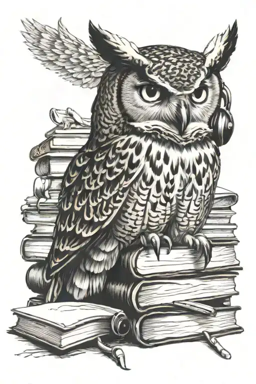 Great Horned Owl Wearing Headphones On Top Of Books