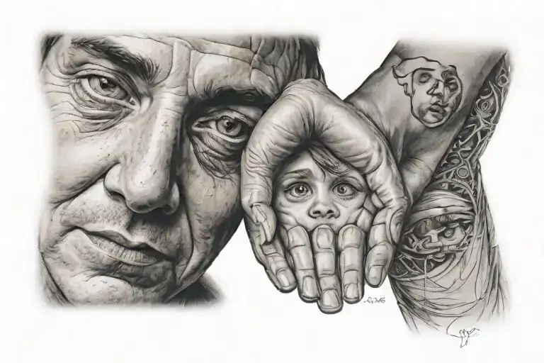 Women's Eyes Looking Down At Boy And Father Holding Hands