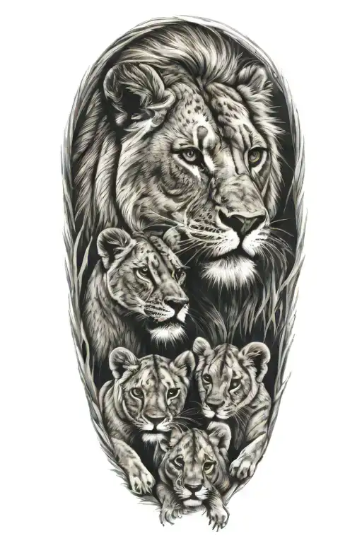Lioness And 7 Cubs