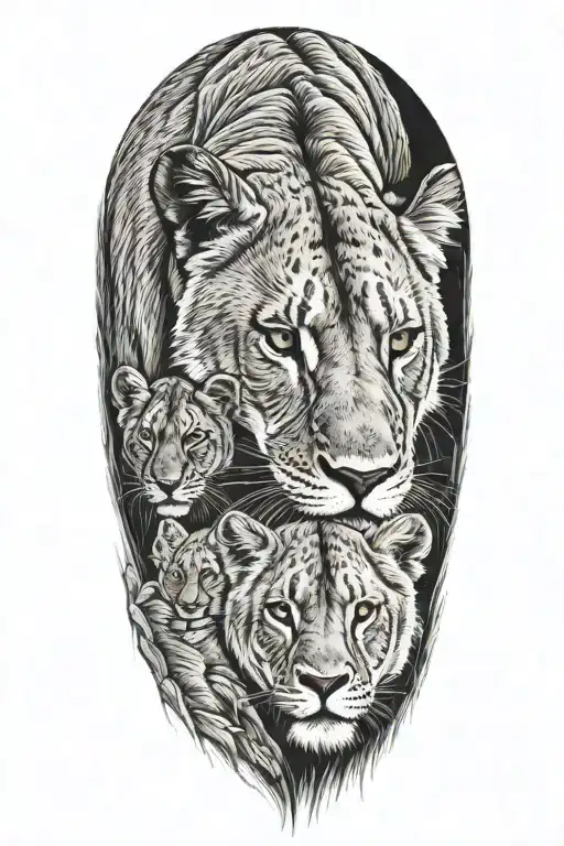 Lioness And 7 Cubs
