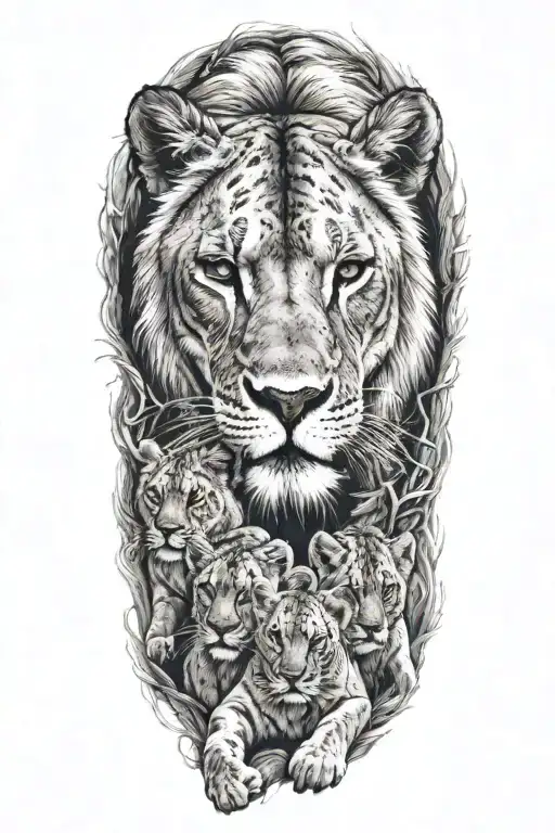 Lioness And 7 Cubs