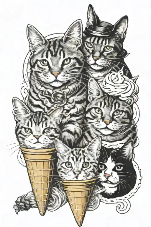 Triple Ice Cream Cone With 2 Cats And A Dog
