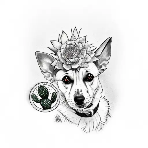 Dog Sitting Next To Cactus Watching The Sunset