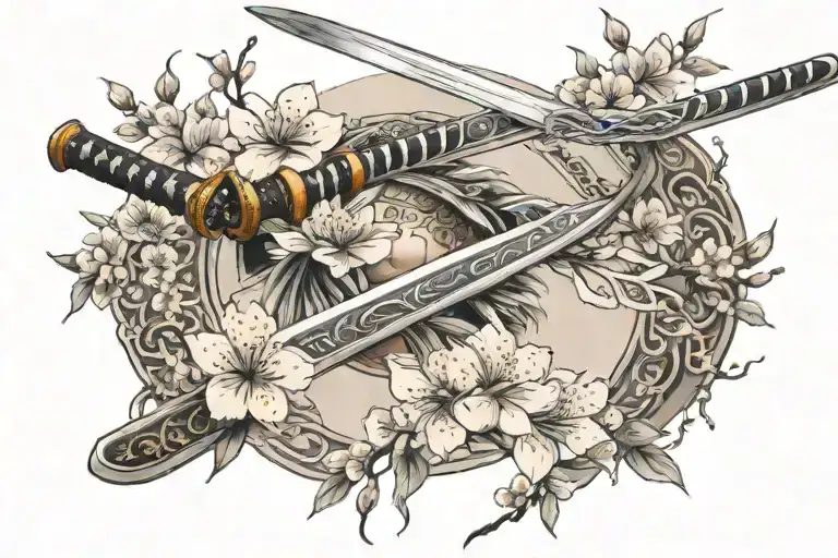 Katana Surrounded By Cherry Blossom Flowers And Branch