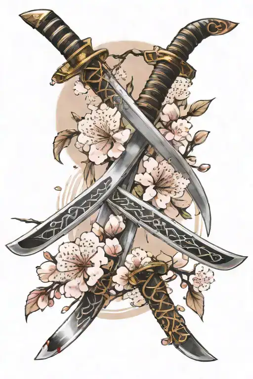 Two Katana Swords Crossing At The Tips Surrounded By Cherry Blossoms