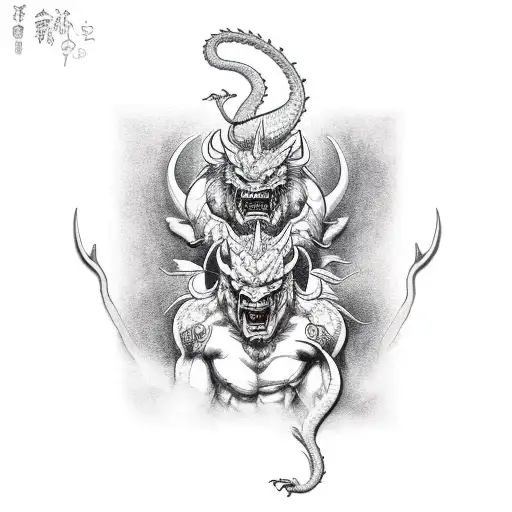 Oni With Dragon Surrounded By Dragons