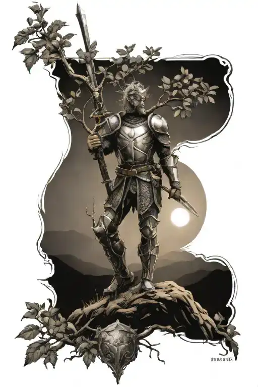 Cider Tree Growing With Knight Holding A Sword With Mountain And Sun